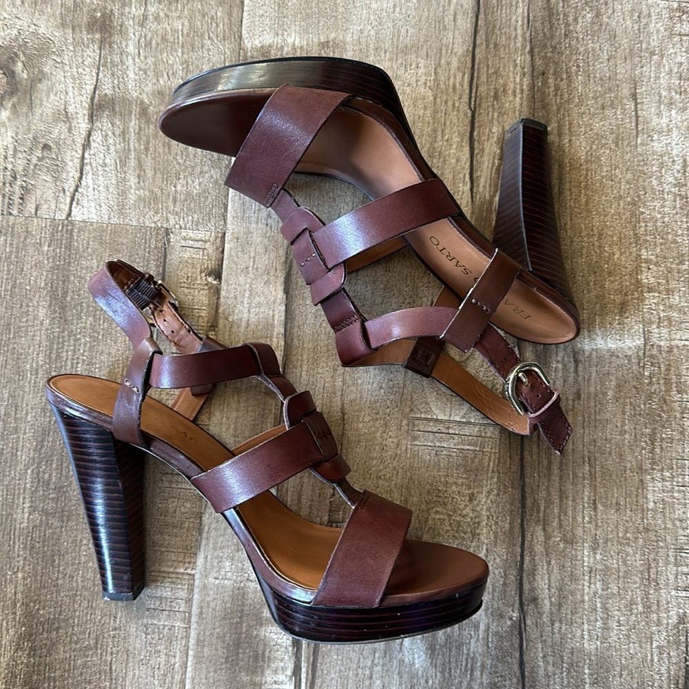 4.5” Stacked Wood Platform Leather Franco Sarto Betsy Chestnut Strappy Heels 9 - Picture 4 of 16